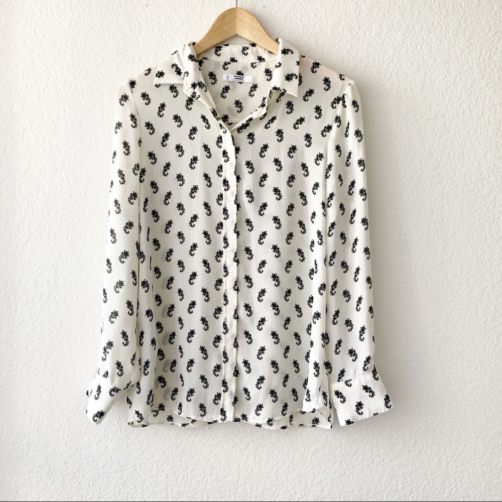 Mango Floral Black Cream Button Down Blouse Top